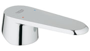 Chrome lever handle with gray top cap and red and blue indicator dots for faucet control.