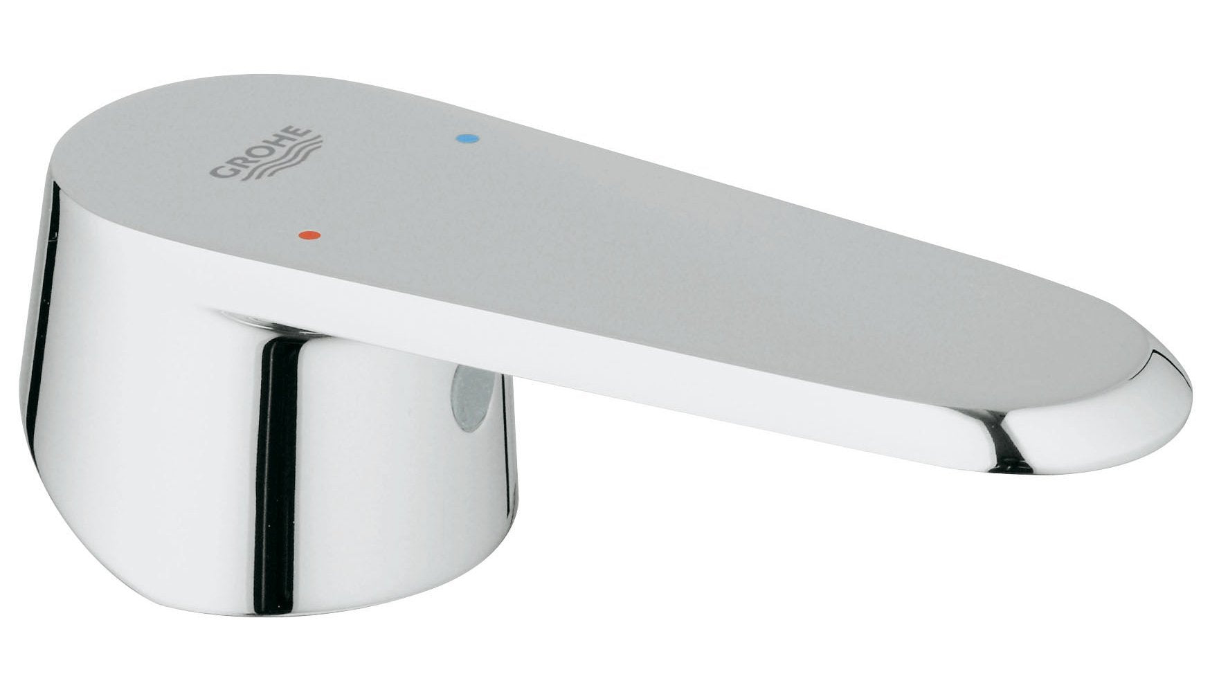 Chrome lever handle with gray top cap and red and blue indicator dots for faucet control.