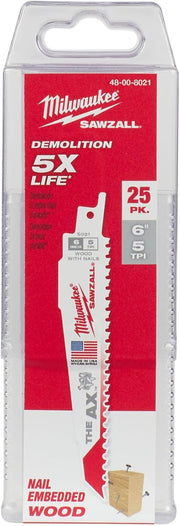 Milwaukee SAWZALL The AX 6 inch, 5TPI Nail Embedded Wood Blade - 25 Pack - 48-00-8021