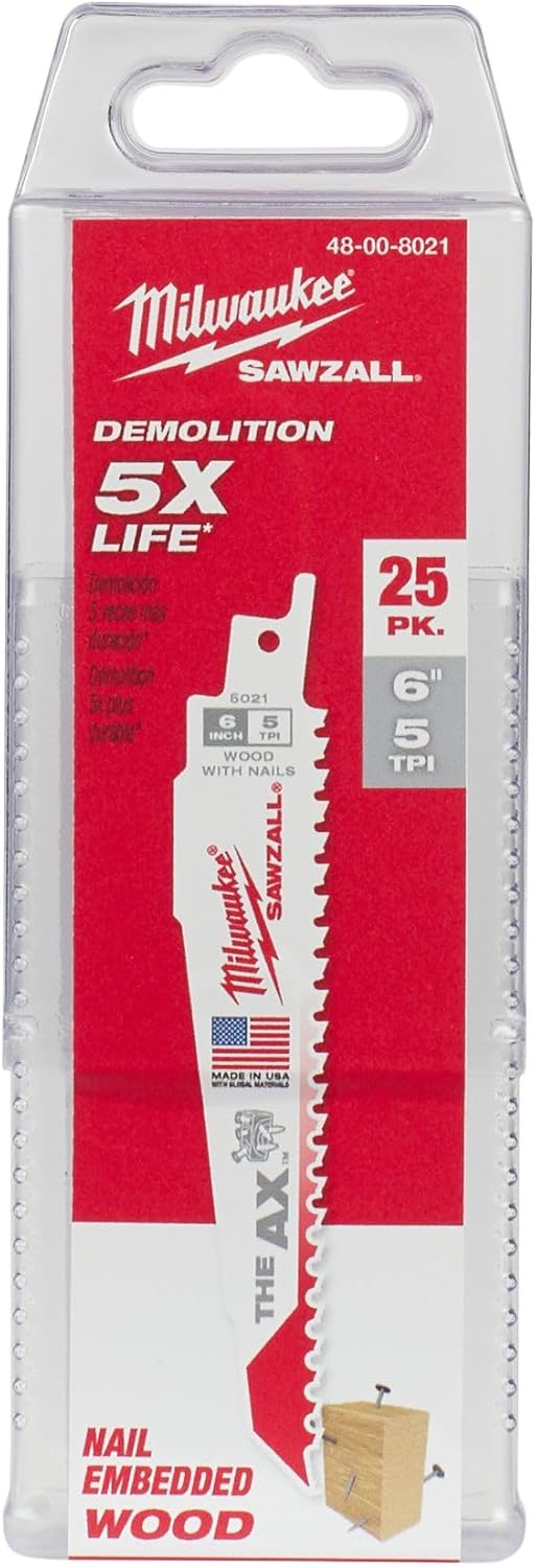 Milwaukee SAWZALL The AX 6 inch, 5TPI Nail Embedded Wood Blade - 25 Pack - 48-00-8021