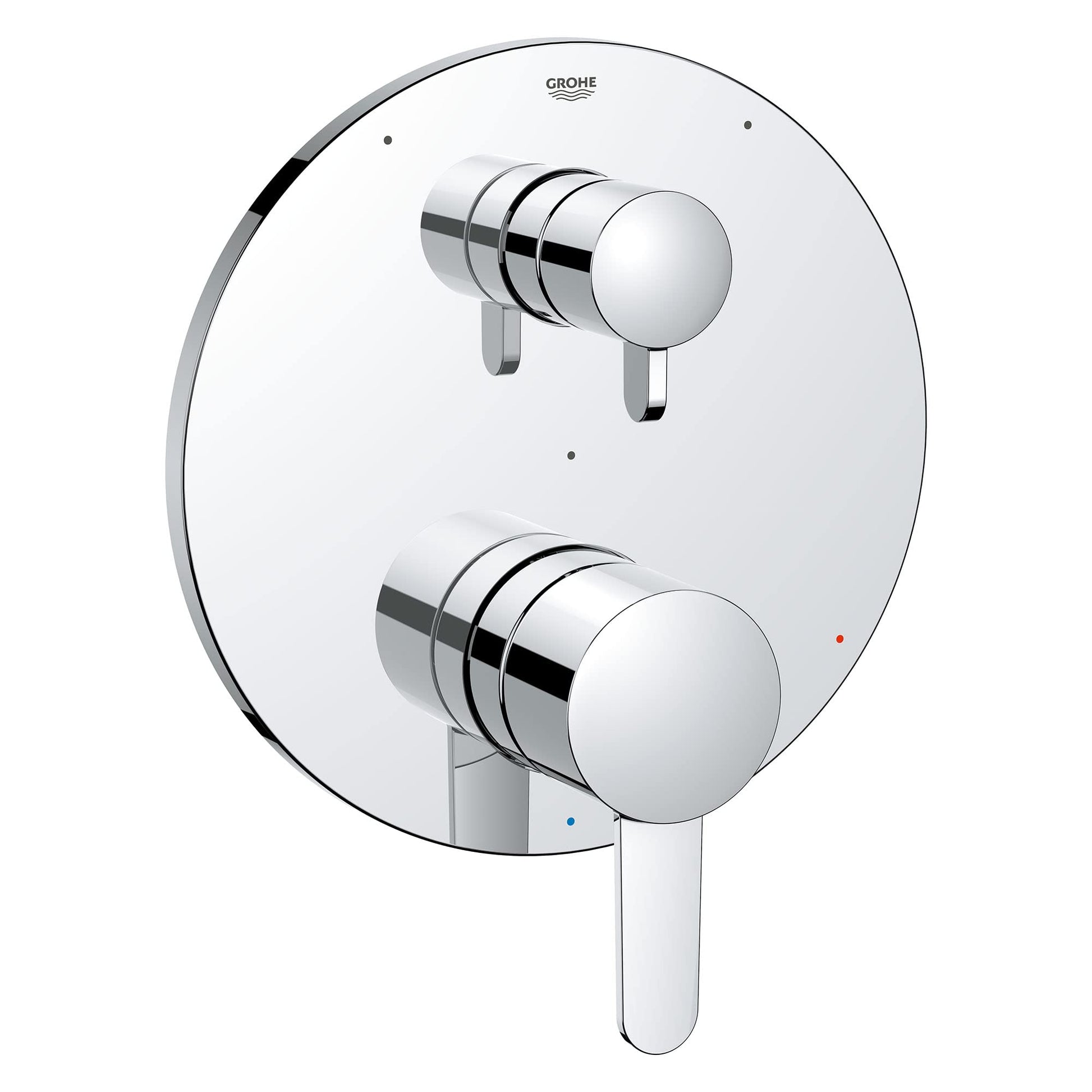 Chrome pressure balance valve trim with two round handles and diverter lever on circular trim plate.