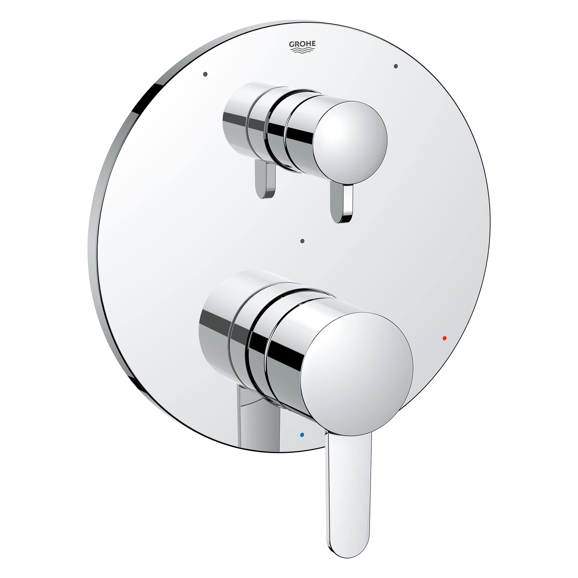 Chrome pressure balance valve trim with two round handles and diverter lever on circular trim plate.