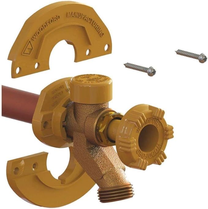 Brass oversized wall flange kit with two mounting flanges, brass valve body, and two stainless steel screws.