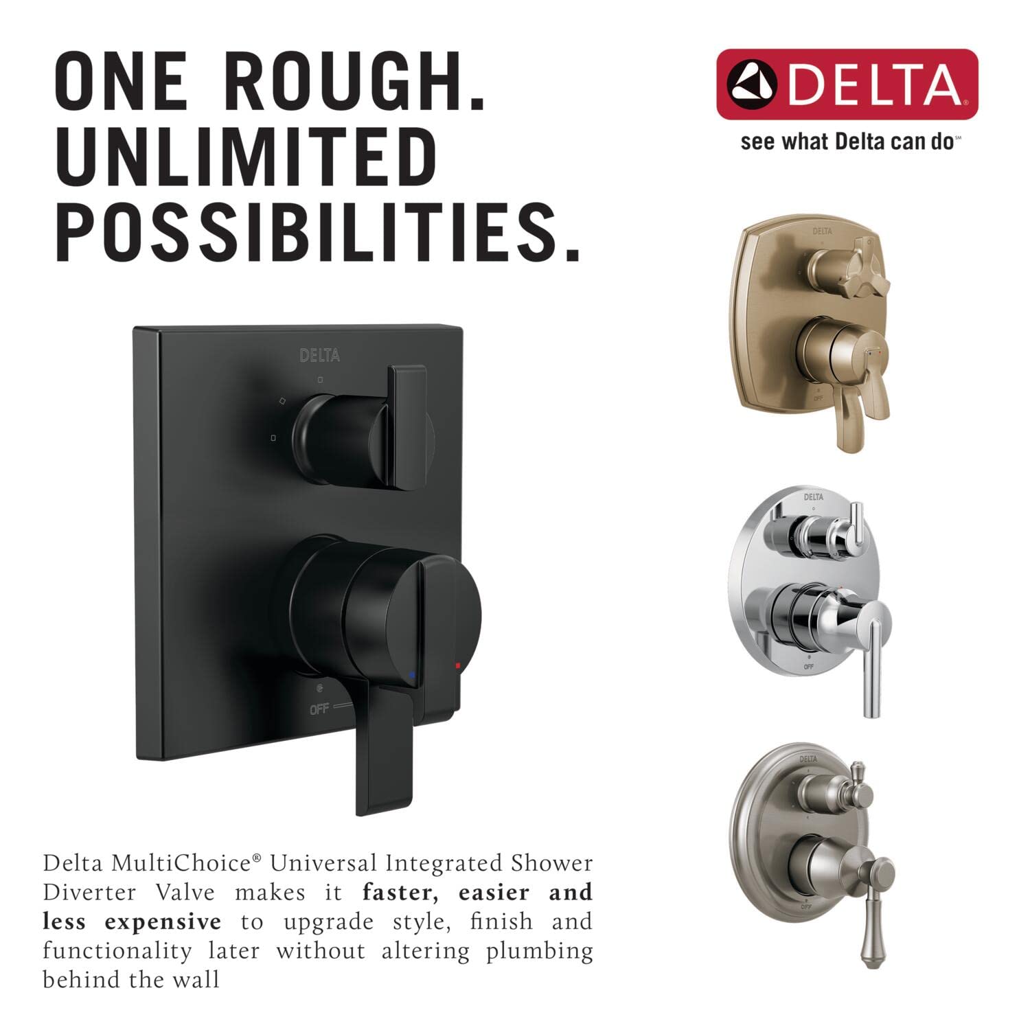Black square Delta shower diverter rough-in valve with dual lever handles and compatible trim plate options in brushed nickel