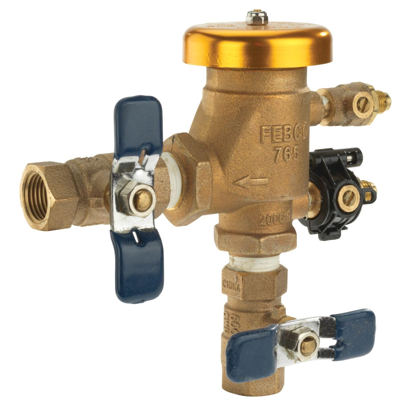 Bronze pressure vacuum breaker with gold cap, blue ball valves, and freeze sensor connector ports.