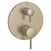 Grohe brushed nickel pressure balance valve trim with dual round handles and 3-way diverter on circular backplate.
