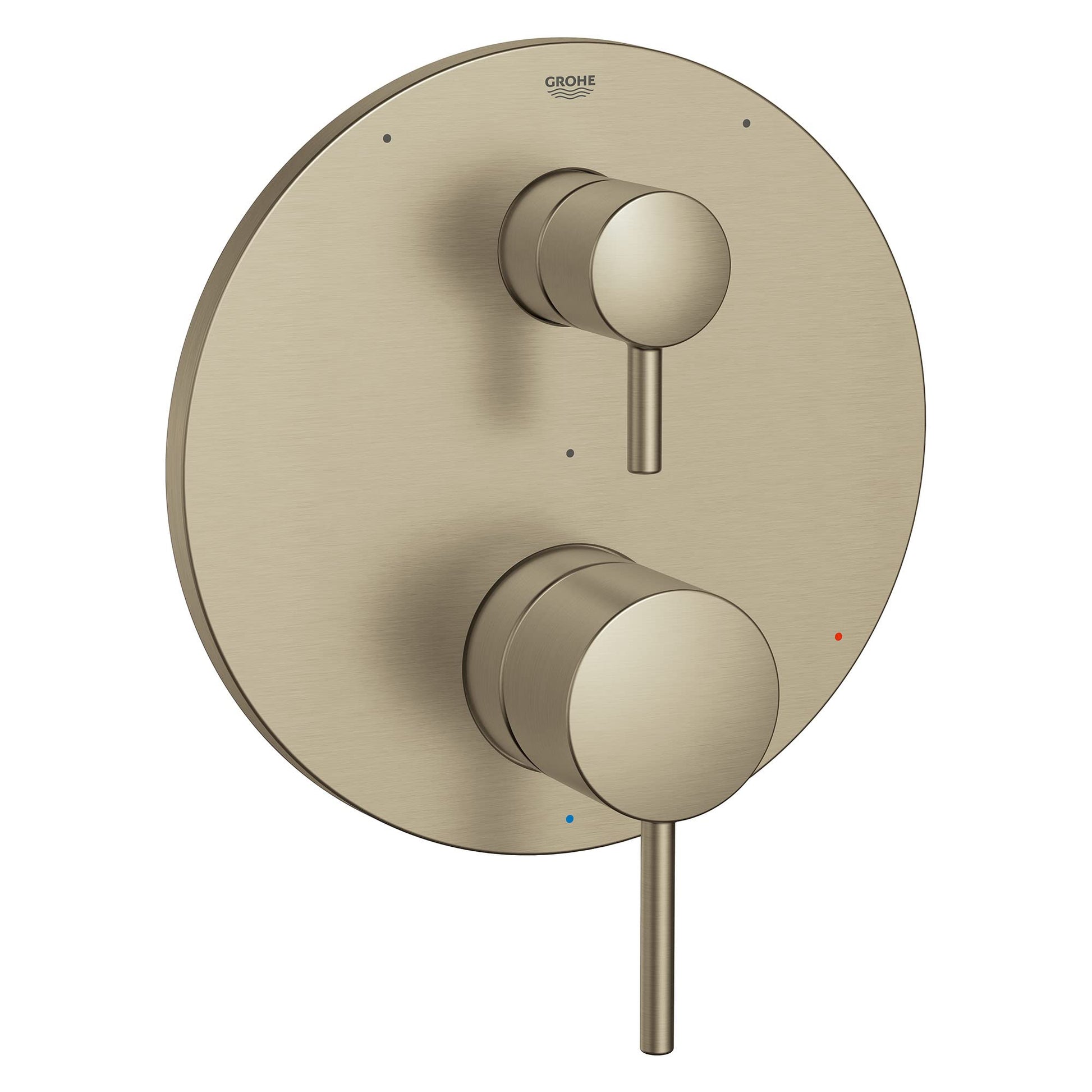 Grohe brushed nickel pressure balance valve trim with dual round handles and 3-way diverter on circular backplate.