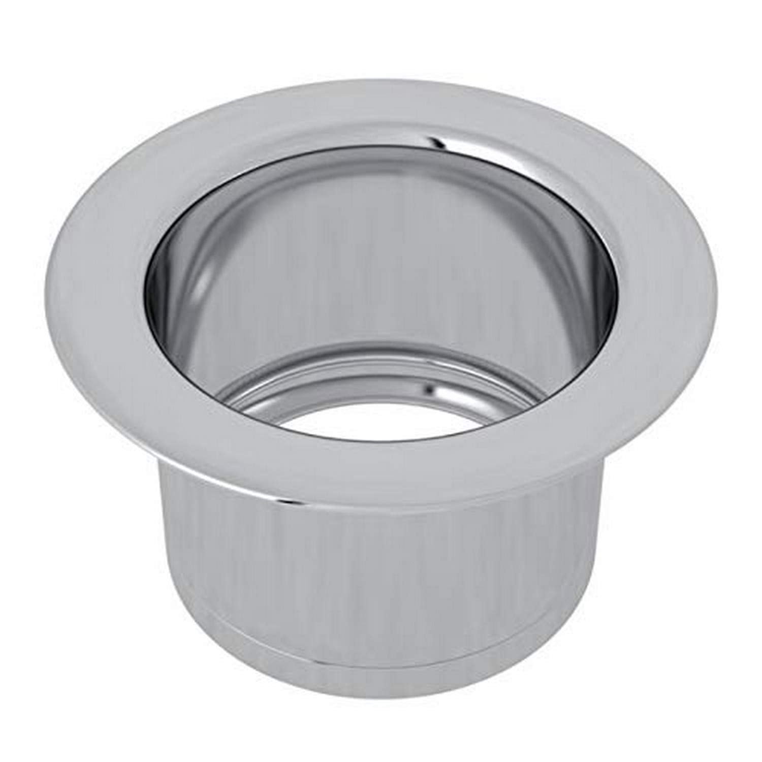 Polished chrome disposal flange with wide rim and cylindrical body for fireclay sink installation.