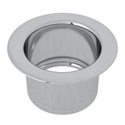 Polished chrome disposal flange with wide rim and cylindrical body for fireclay sink installation.