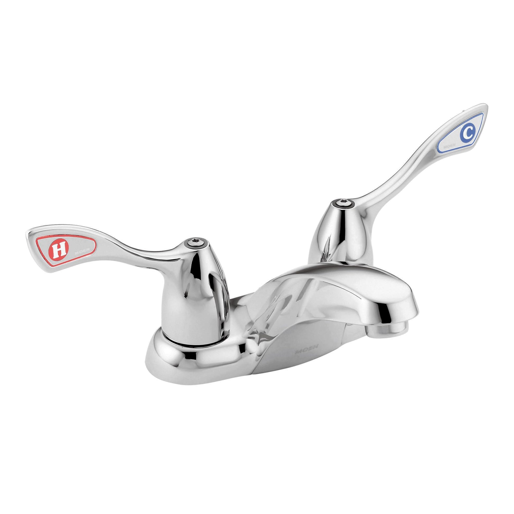 Chrome two-handle centerset bathroom faucet with curved spout and lever handles marked with hot and cold indicators.