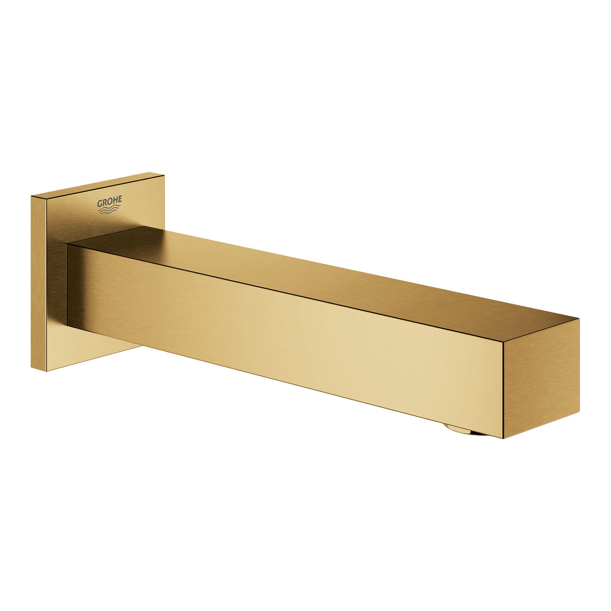 Grohe Eurocube brushed gold tub spout with square wall-mounted design and horizontal outlet.