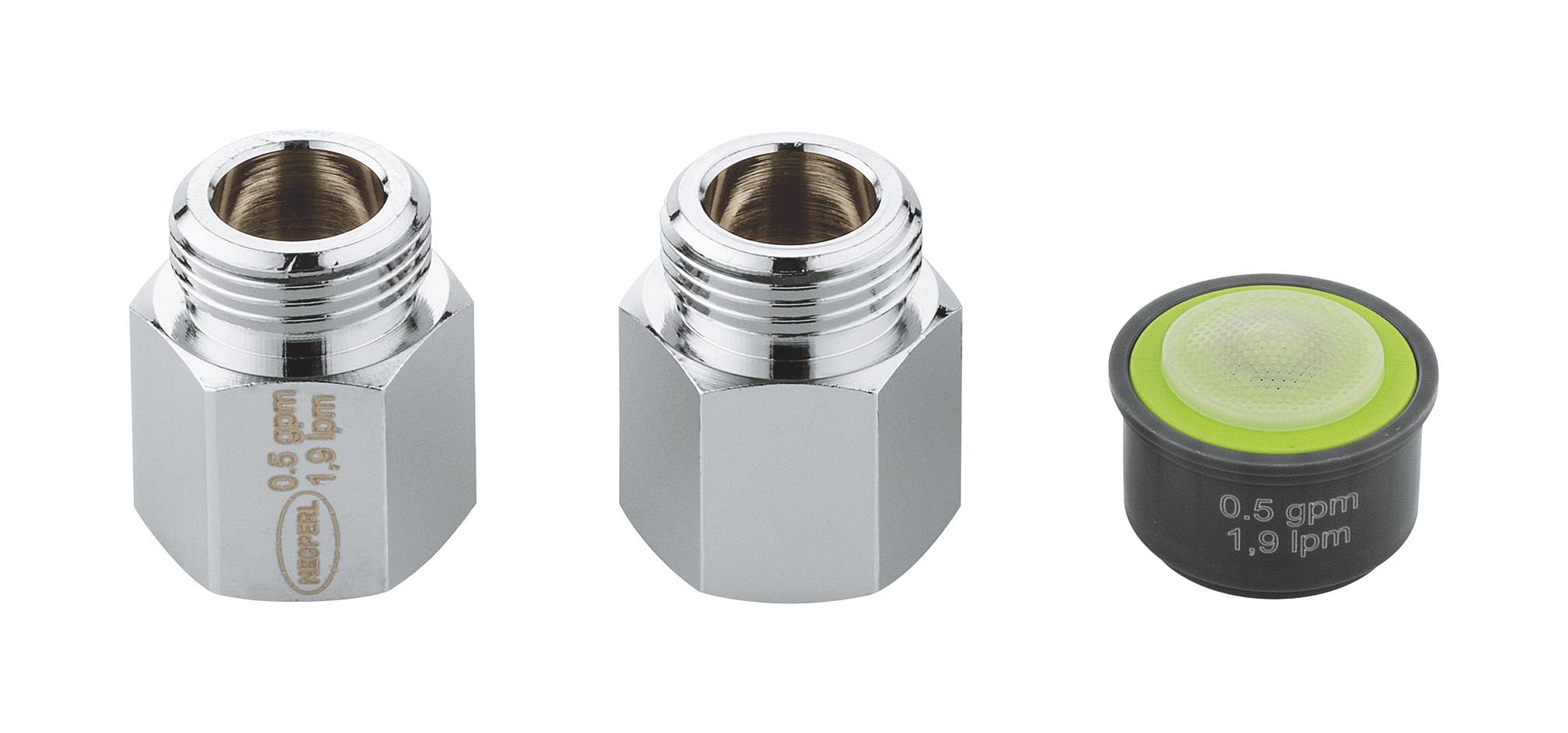 Chrome-plated brass connector fittings with threaded ports and a black aerator cartridge with lime-green screen.