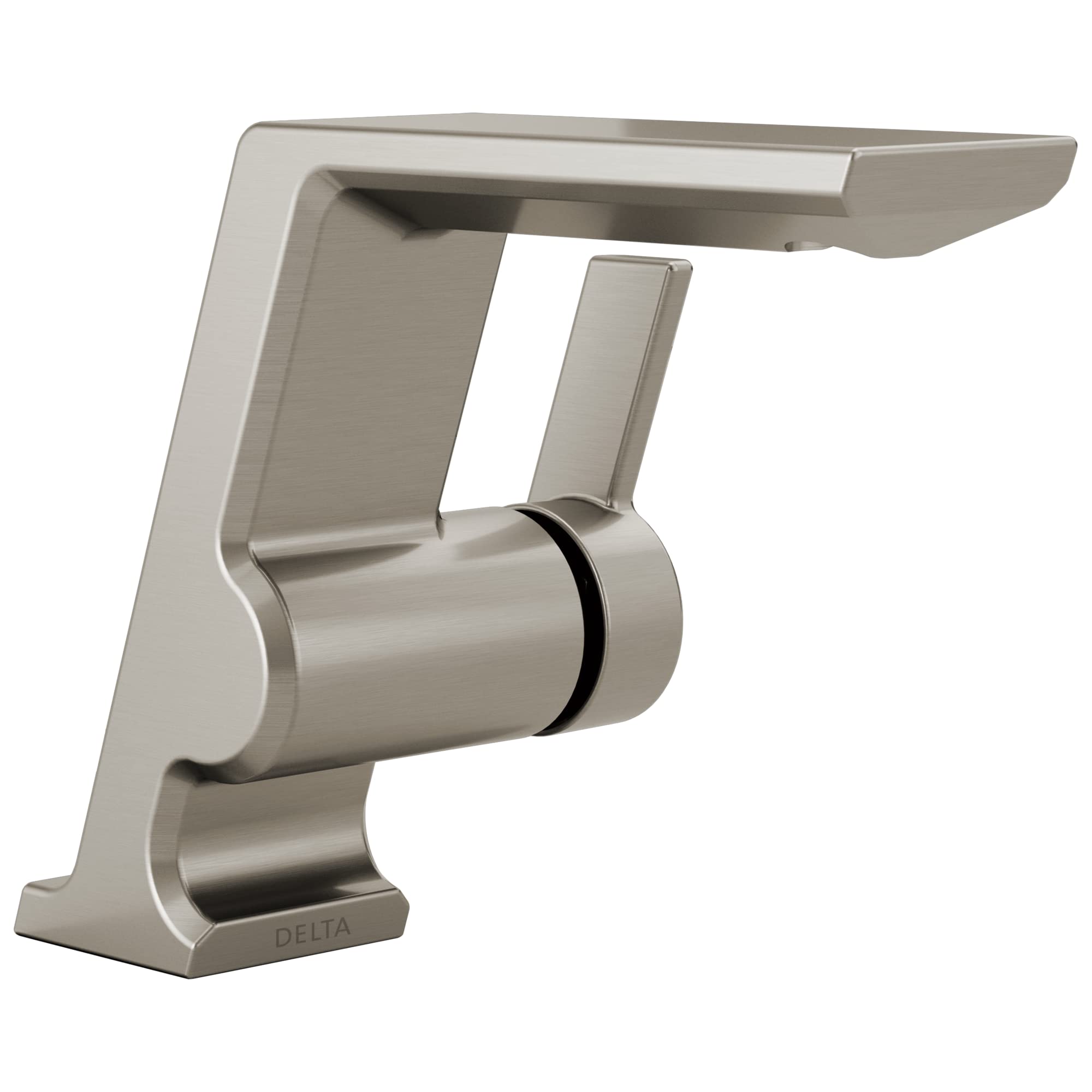 Brushed nickel single-handle bathroom faucet with angular spout and cylindrical pivot handle.