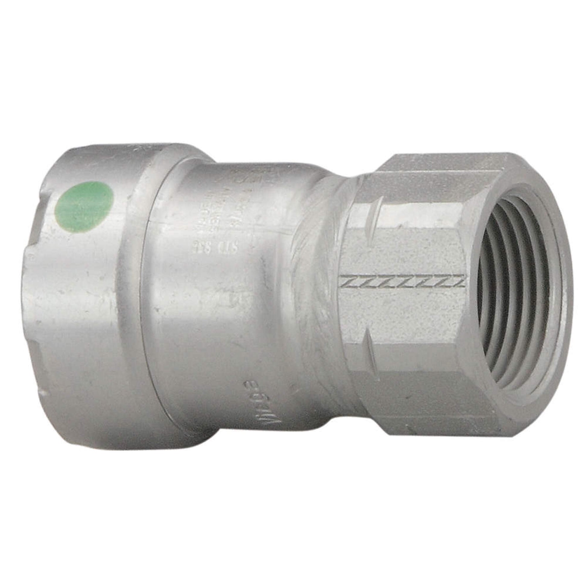 Silver metal pipe adapter with press connections on left and threaded female connection on right, green identification dot vi