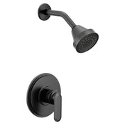 Matte black shower trim with curved arm, round showerhead with perforations, and single lever handle on circular trim ring.