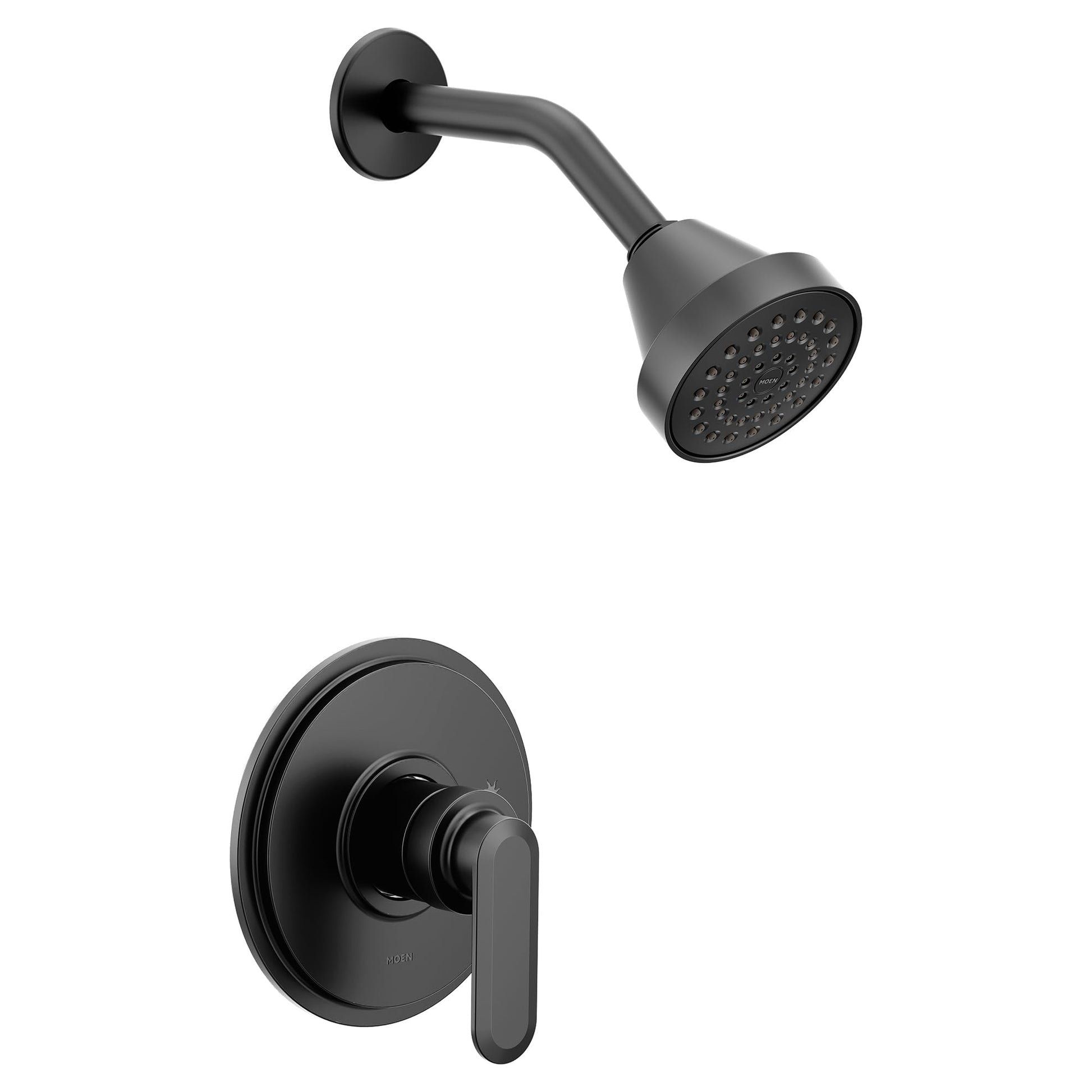 Matte black shower trim with curved arm, round showerhead with perforations, and single lever handle on circular trim ring.