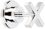 Chrome volume control trim with circular trim ring and cross-shaped handle extending from center valve body.
