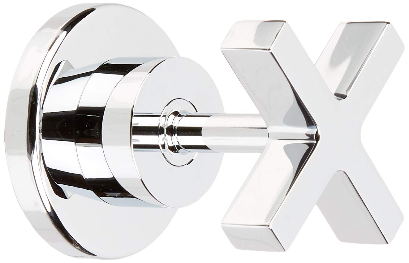 Chrome volume control trim with circular trim ring and cross-shaped handle extending from center valve body.