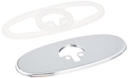 Chrome escutcheon with gasket and white mounting ring for bathroom faucet installation.