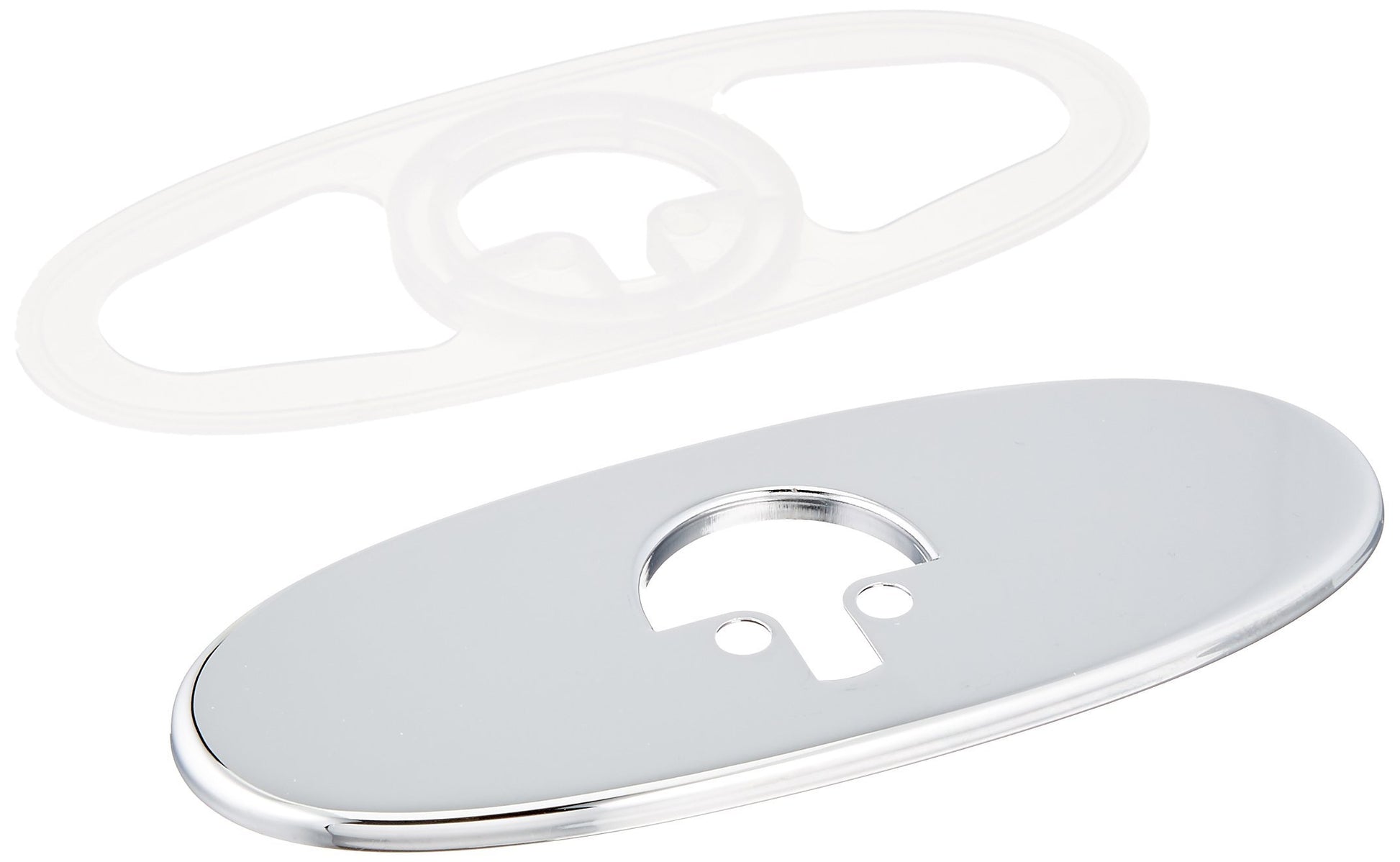 Chrome escutcheon with gasket and white mounting ring for bathroom faucet installation.