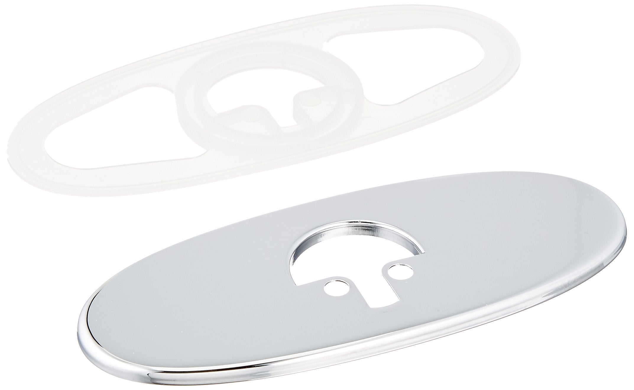 Chrome escutcheon with gasket and white mounting ring for bathroom faucet installation.