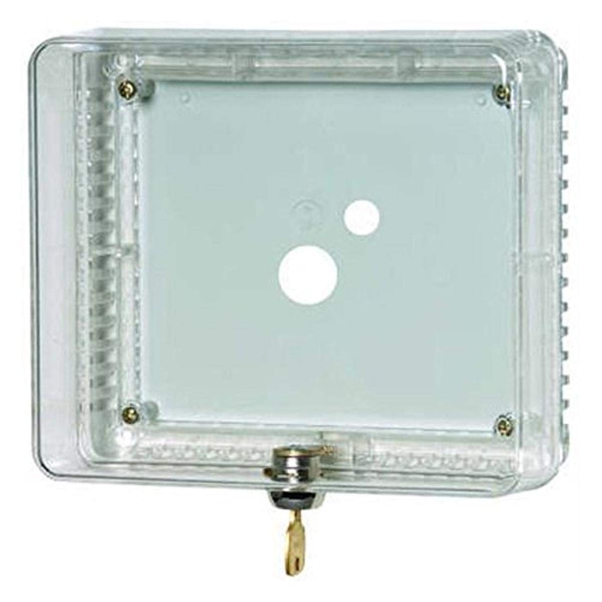 Clear plastic thermostat guard with two circular openings, brass hinges, and locking mechanism.