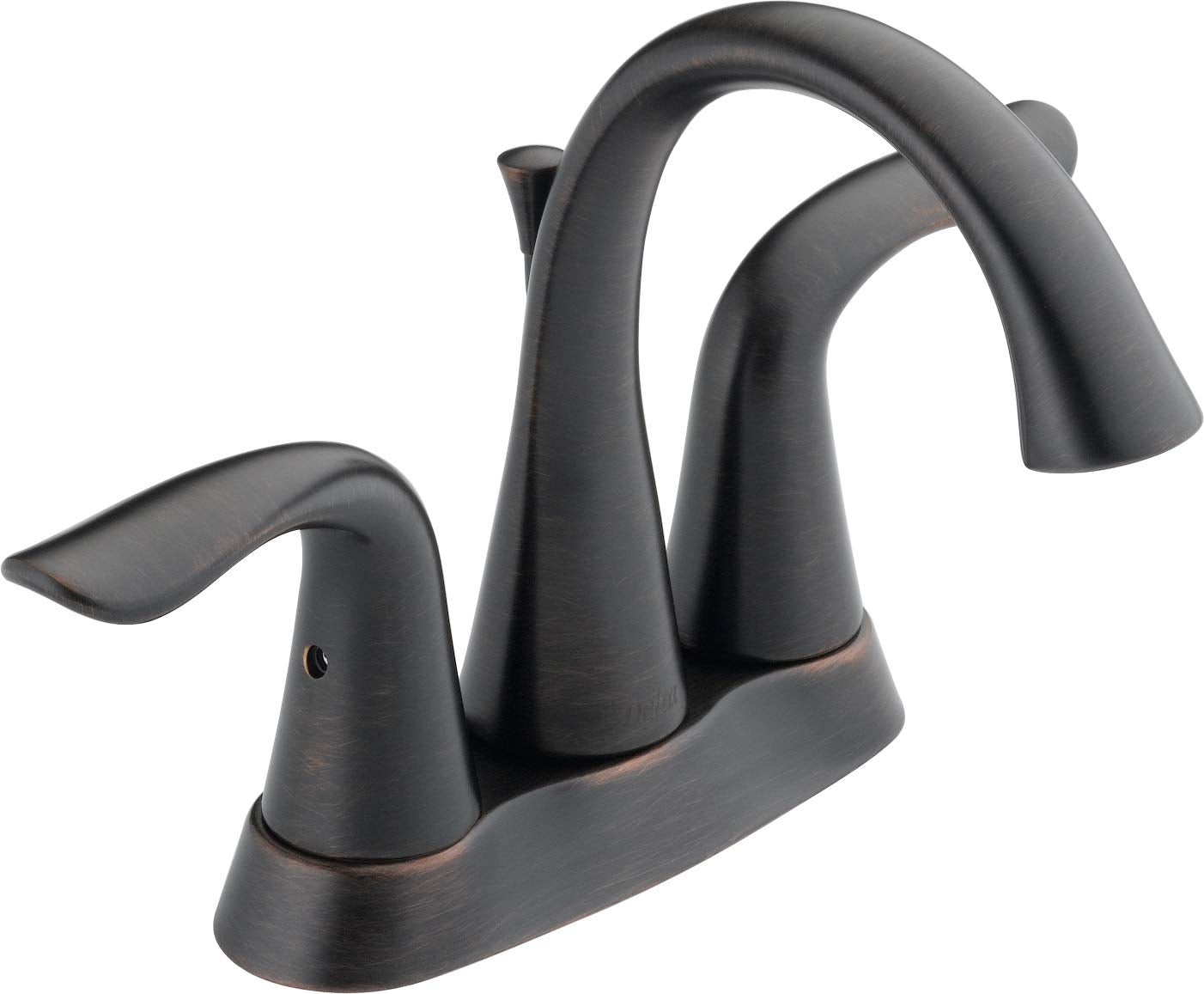 Chrome bronze bathroom faucet with two curved handles and arched spout for centerset sink installation.