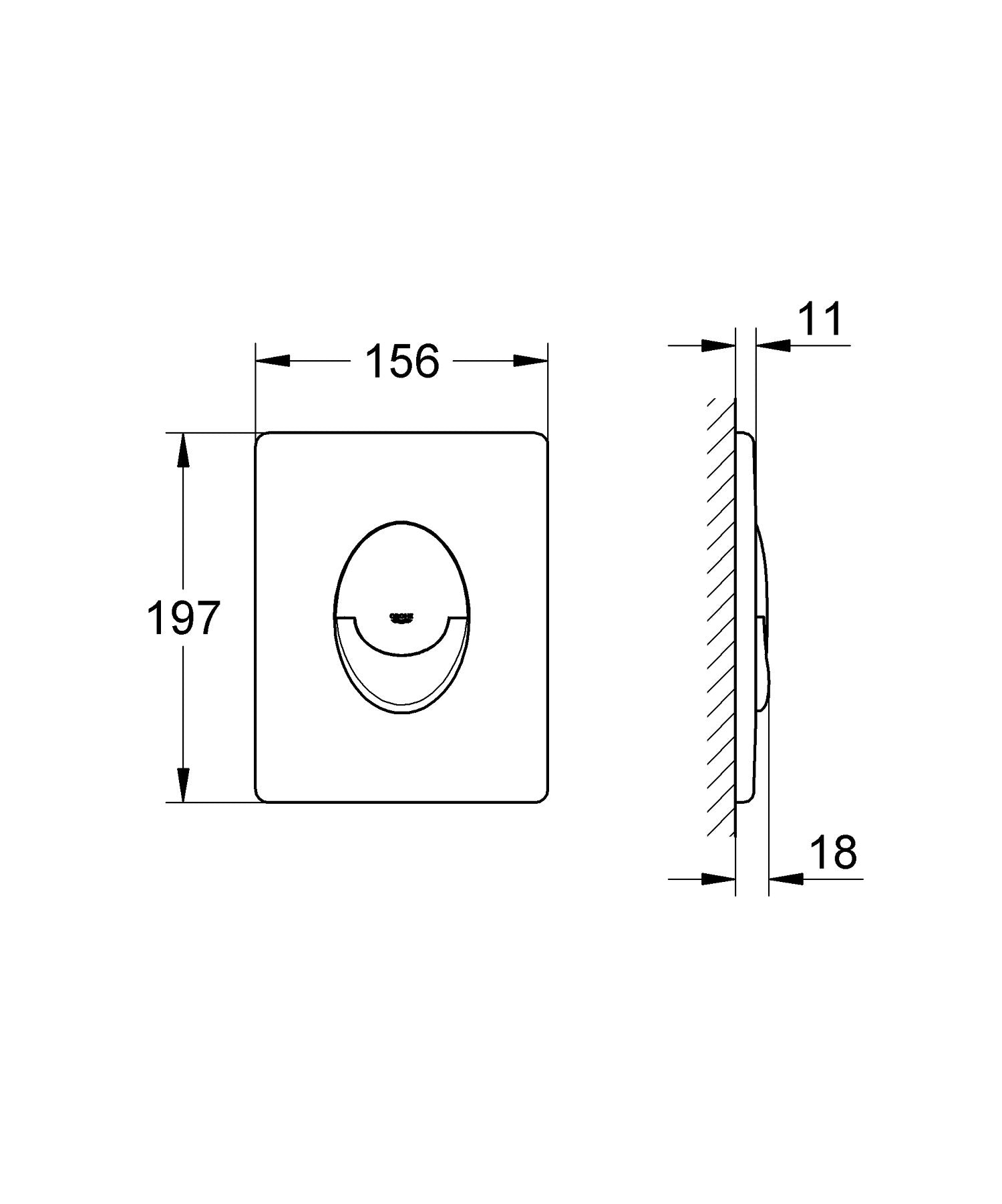 White rectangular wall plate with oval opening and sensor detail, dimensions 156x197mm.