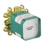 Brass shower valve body with teal rough-in housing, multiple connection ports, and AXOR branding on white panel.