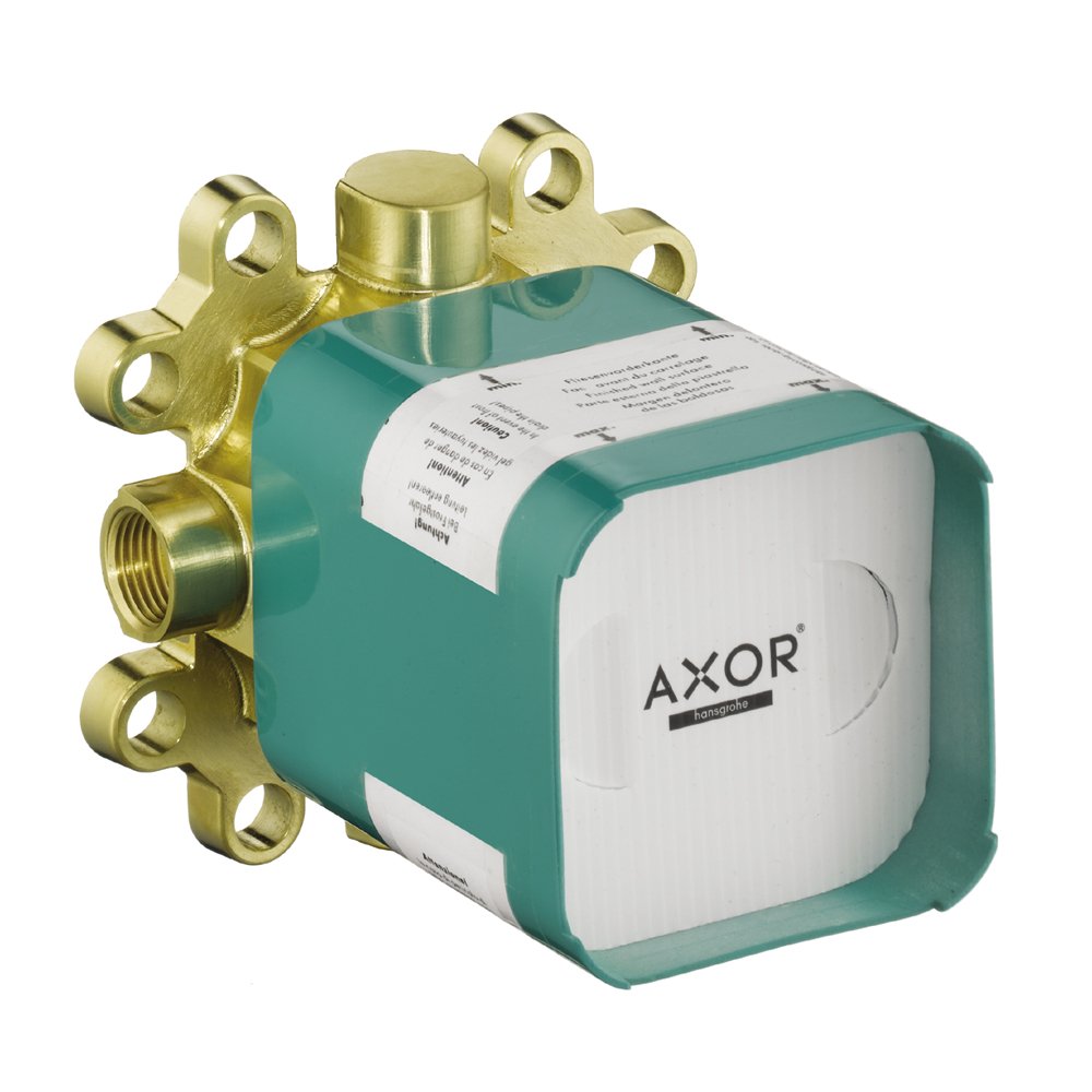 Brass shower valve body with teal rough-in housing, multiple connection ports, and AXOR branding on white panel.
