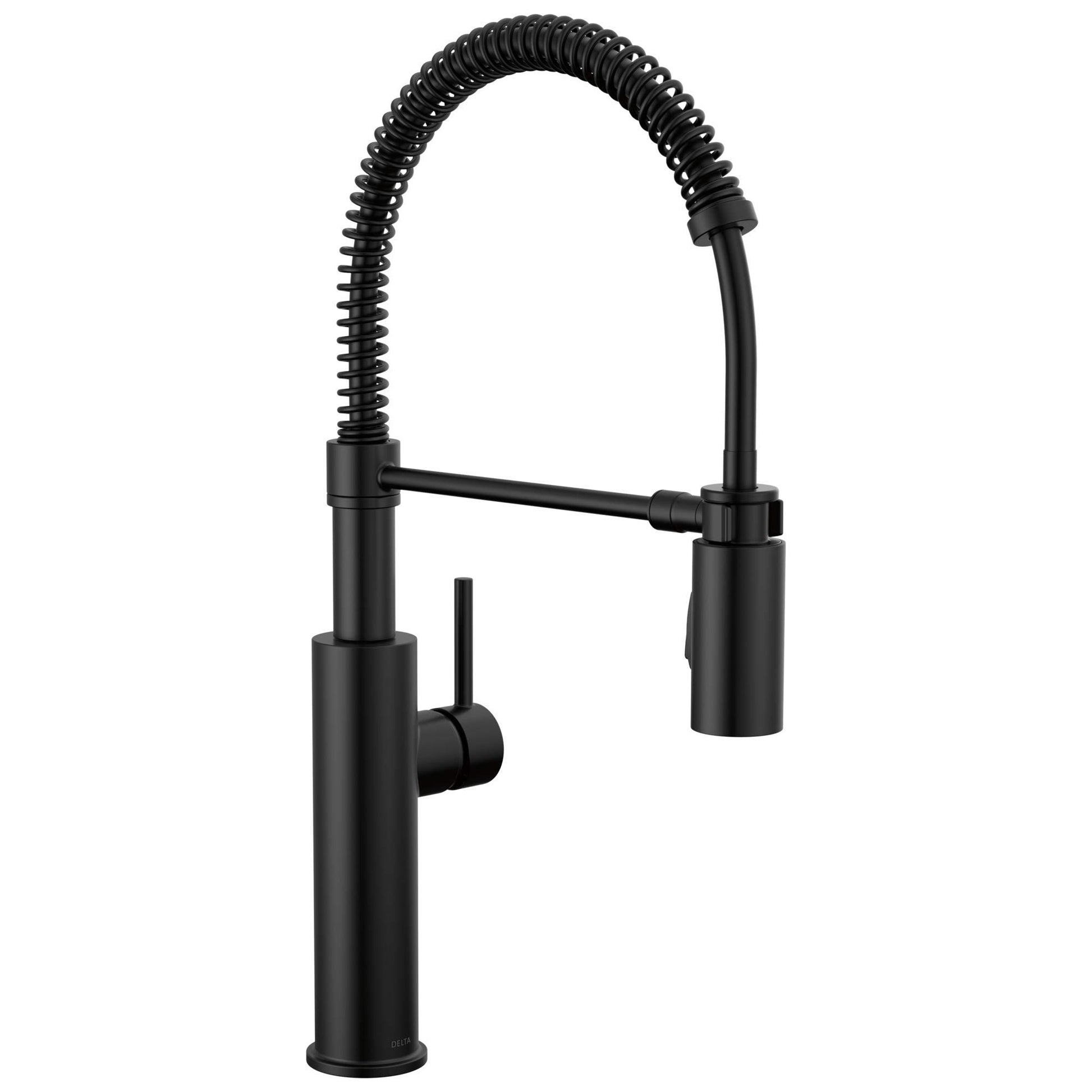 Black single-handle kitchen faucet with pull-down coiled sprayer hose and lever control.