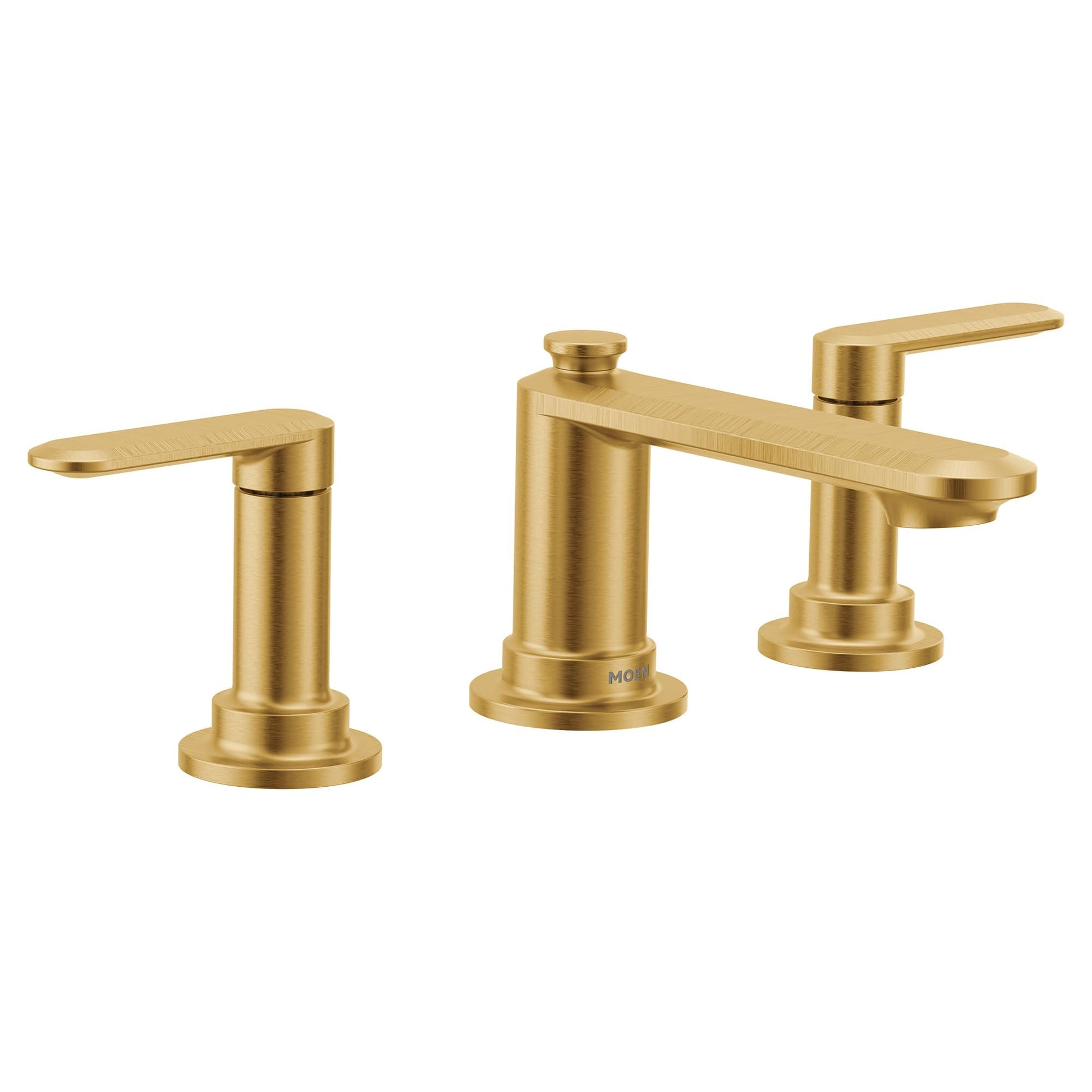 Brushed gold two-handle widespread bathroom sink faucet with cylindrical spout and lever handles.