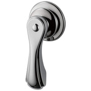 Polished chrome side mount flush lever with curved handle and circular mounting plate.