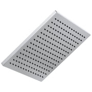 Square metal showerhead with evenly distributed spray holes across flat surface.