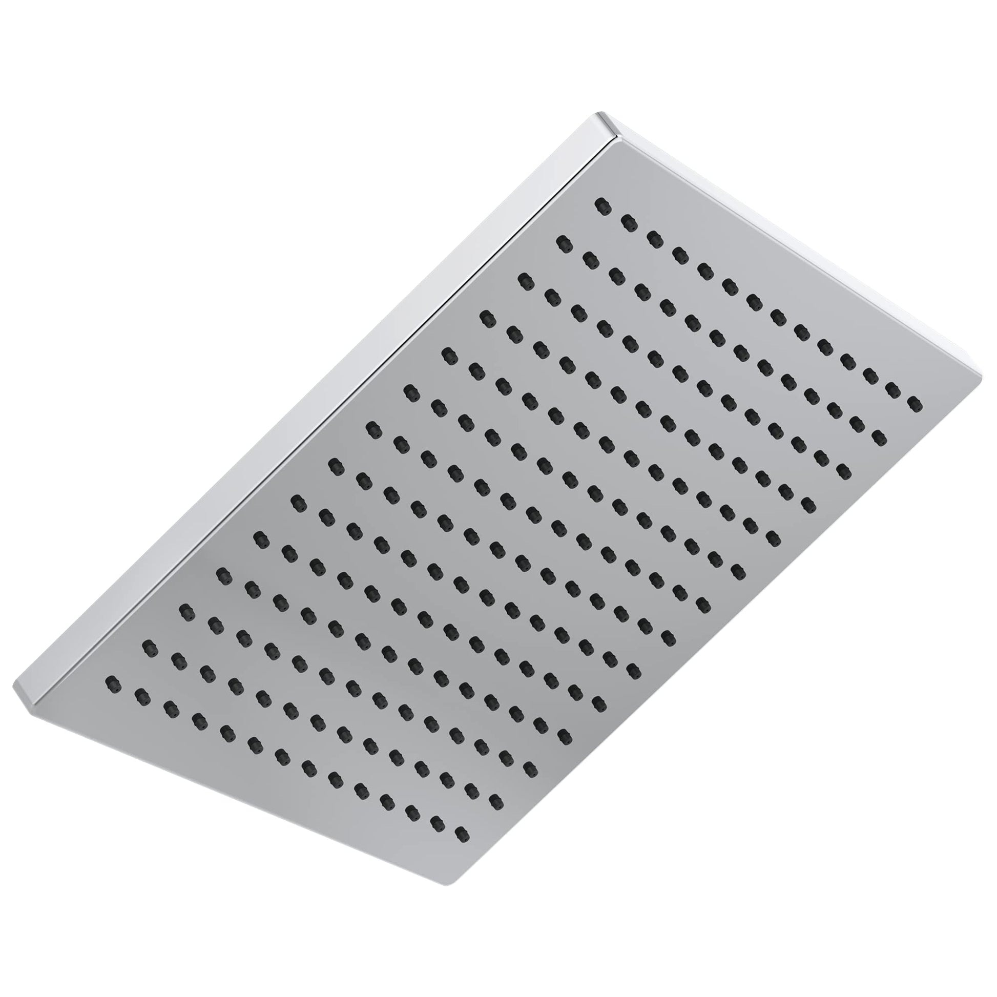 Square metal showerhead with evenly distributed spray holes across flat surface.