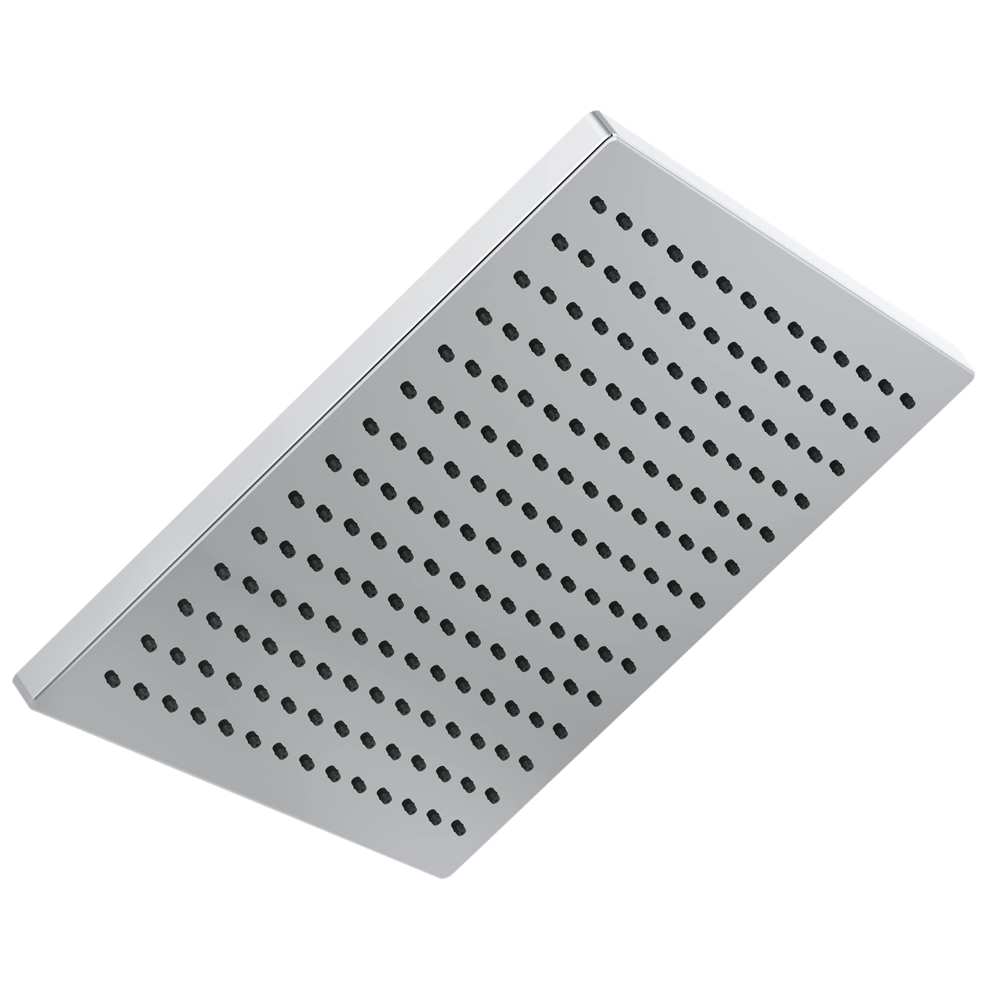 Square metal showerhead with evenly distributed spray holes across flat surface.