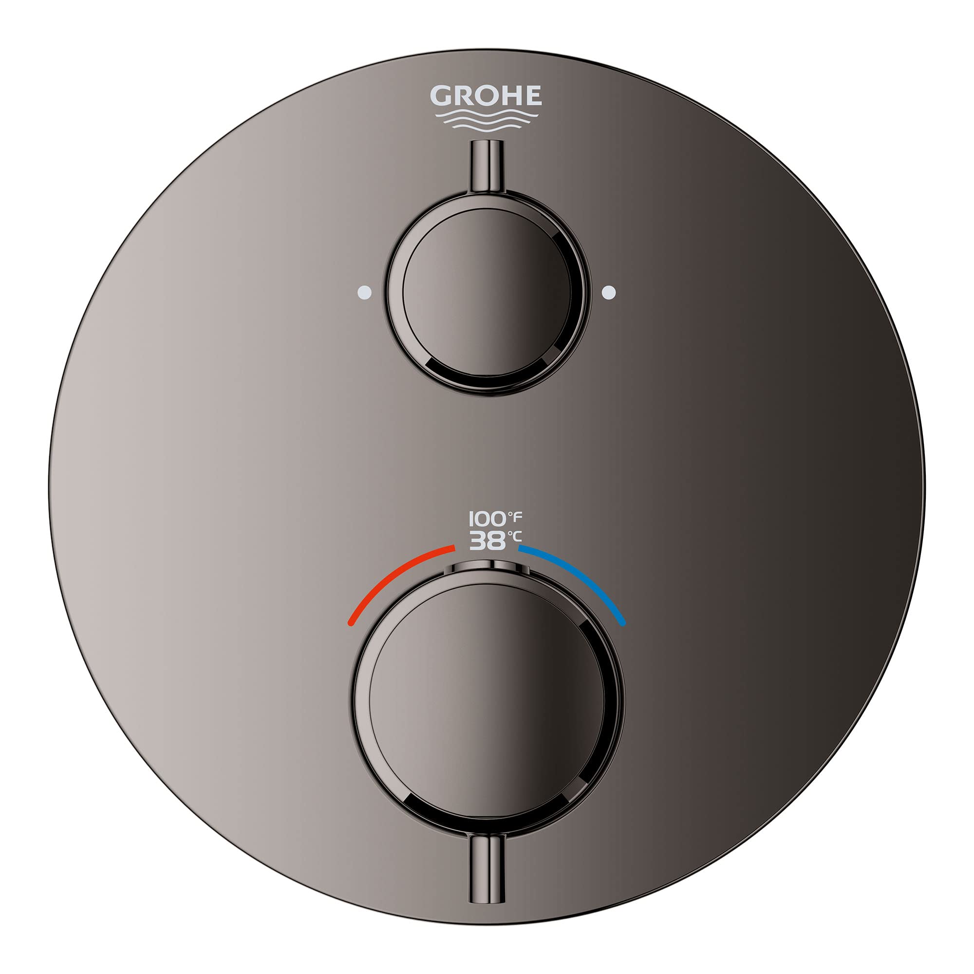 Dark gray circular thermostatic valve trim with two round handles, temperature indicator showing 38°C/100°F, and Grohe brandi