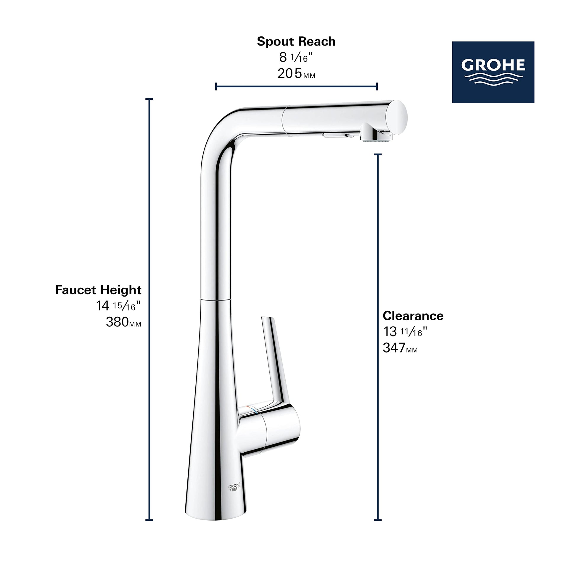 Chrome pull-out kitchen faucet with single handle and curved spout, showing dimensions and specifications.