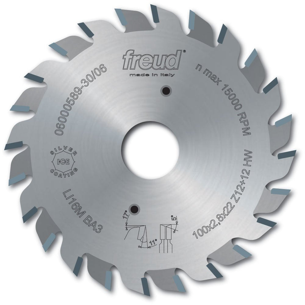 Freud 80mm split scoring saw blade with alternating teeth and center bore, marked with specifications including 5000 RPM max 