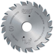 Freud 80mm split scoring saw blade with alternating teeth and center bore, marked with specifications including 5000 RPM max 