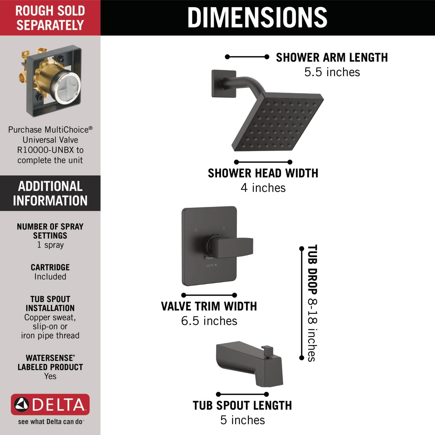 Matte black tub and shower trim kit with square shower head, valve trim plate, and tub spout shown with dimension specificati
