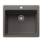 Volcano gray single bowl kitchen sink with rounded corners, chrome drain, and faucet hole.