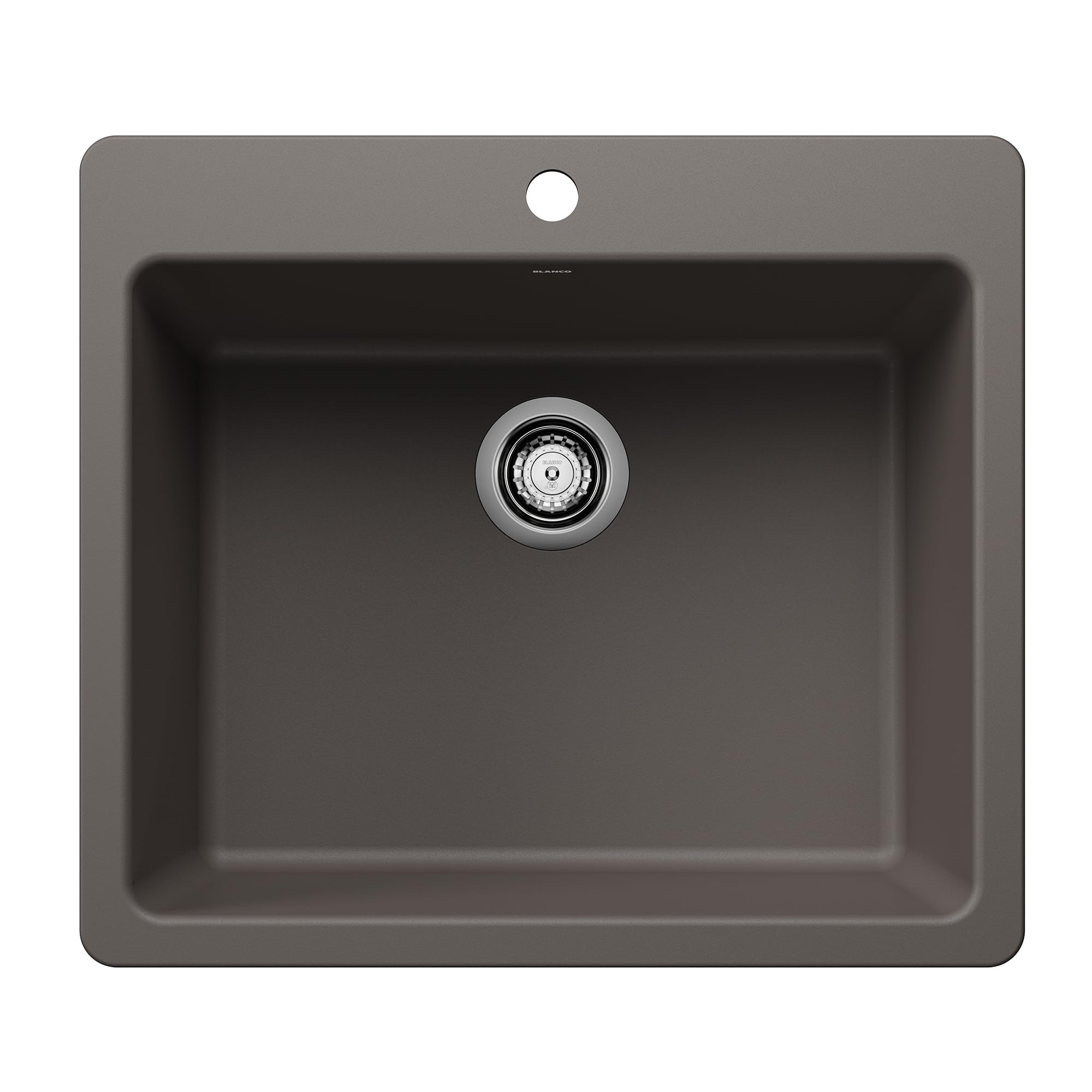 Volcano gray single bowl kitchen sink with rounded corners, chrome drain, and faucet hole.