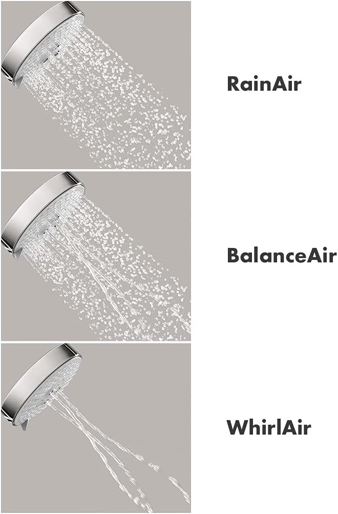 Chrome handshower displaying three water spray patterns: RainAir, BalanceAir, and WhirlAir jet settings.