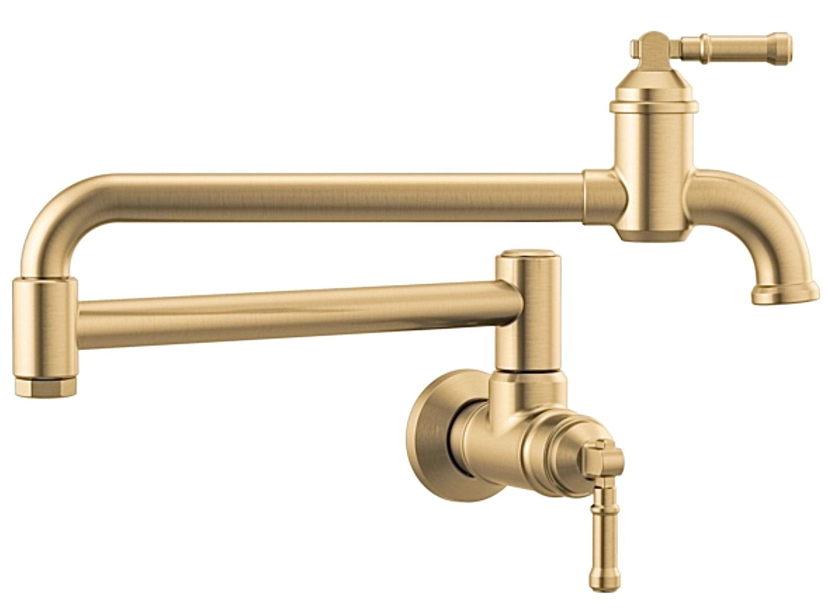 Brushed gold wall-mounted pot filler faucet with articulating arm and lever handles.