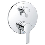 Chrome pressure balance valve trim with two rounded lever handles and circular escutcheon plate for three-way diverter instal