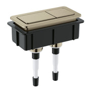 Brushed nickel dual flush actuator plate with two rectangular buttons mounted on black in-tank mechanism with white connector