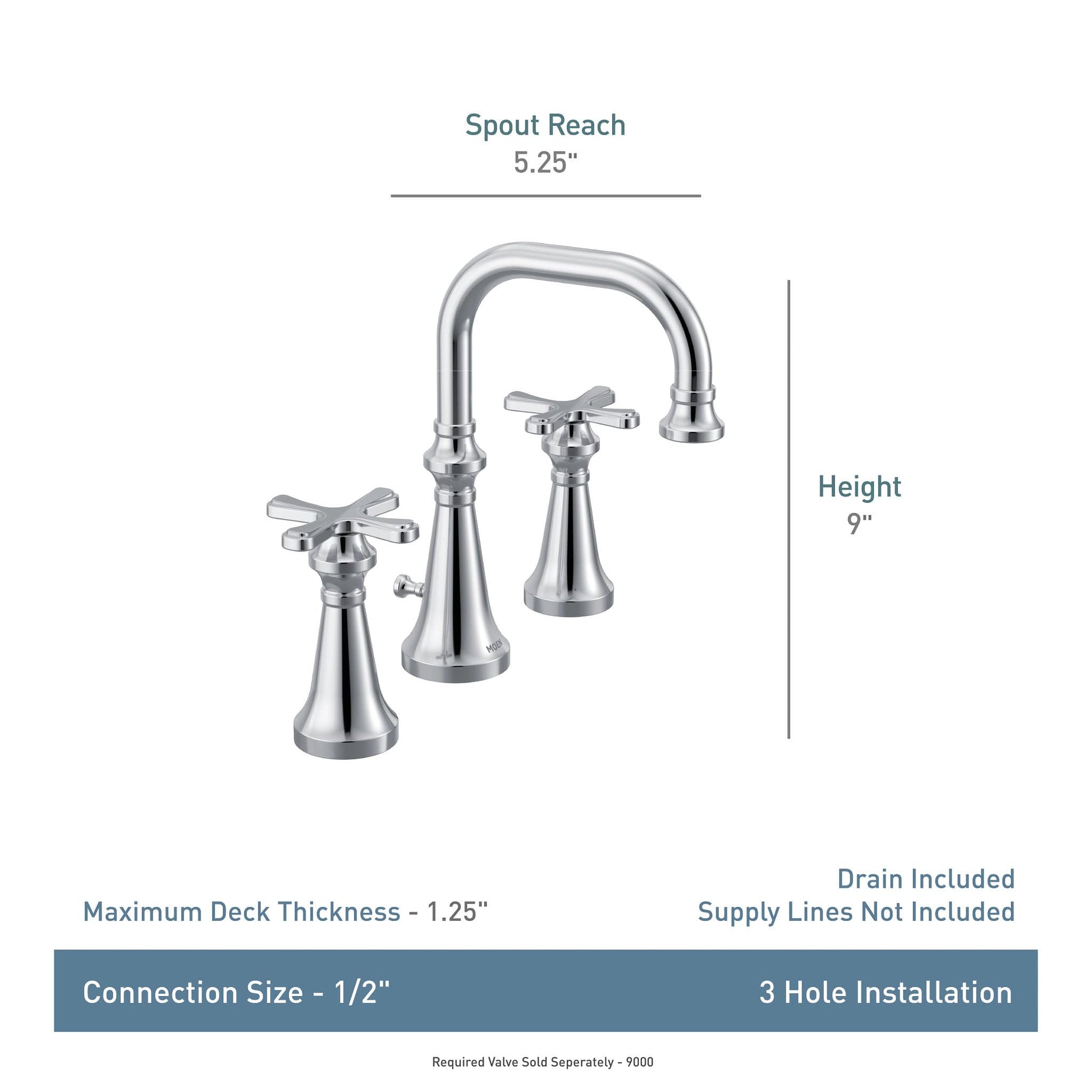 Brushed gold two-handle widespread bathroom faucet with high-arc spout and cross handles, 9" height, 5.25" spout reach.