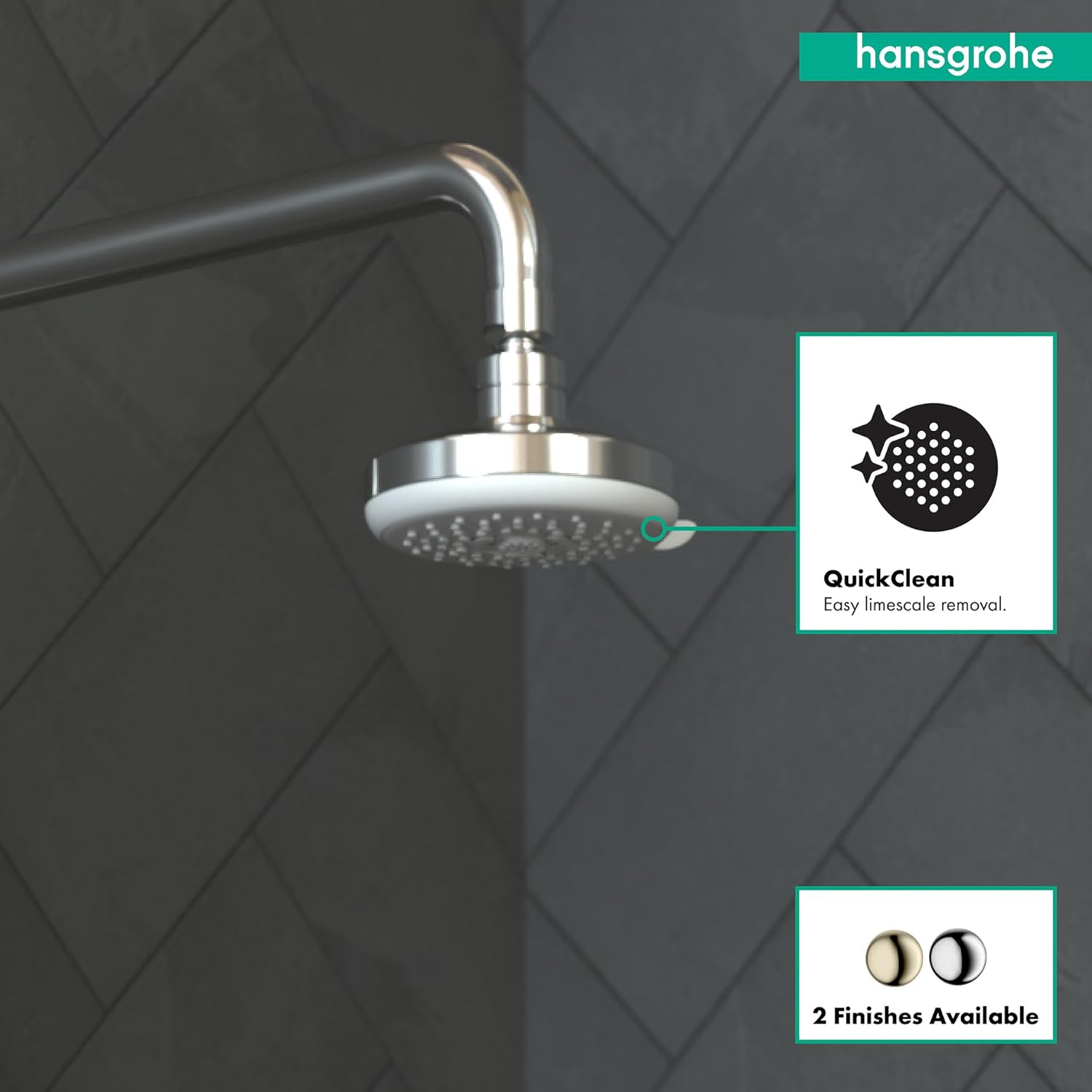 Chrome shower head with round face and perforated spray pattern mounted on angled arm against dark textured wall.