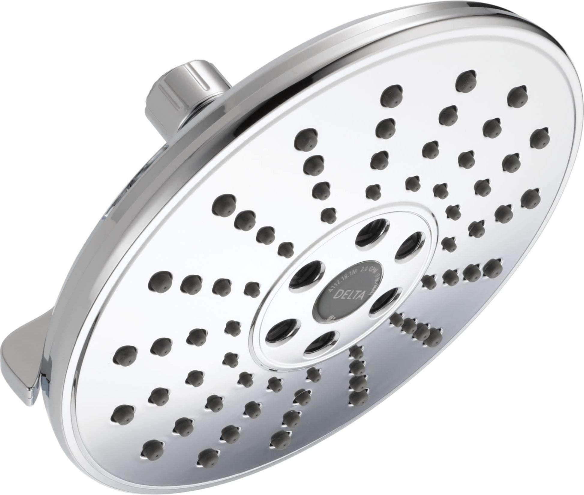 Round chrome shower head with multiple spray holes and center control dial for adjusting water settings.